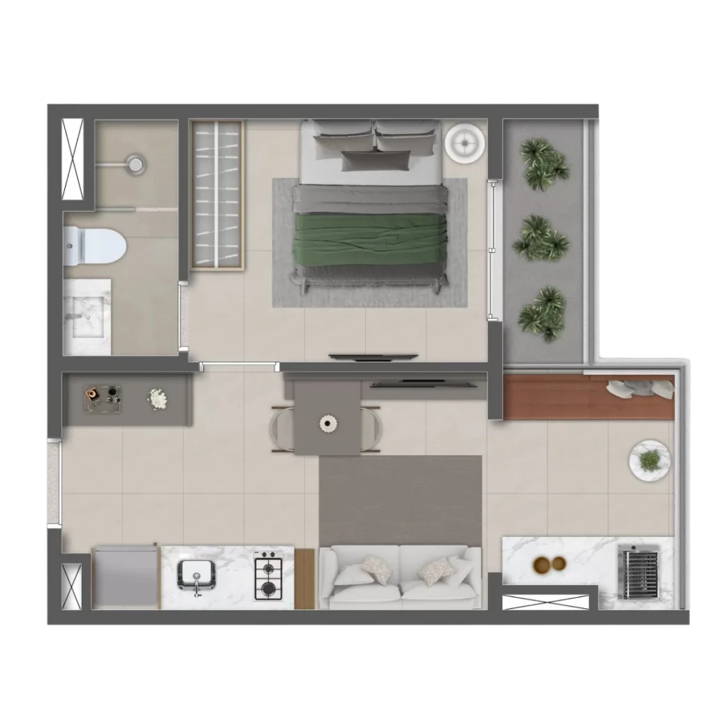 Planta 2 dormitórios Connection Mooca 29m² em frente ao metrô Bresser-Mooca