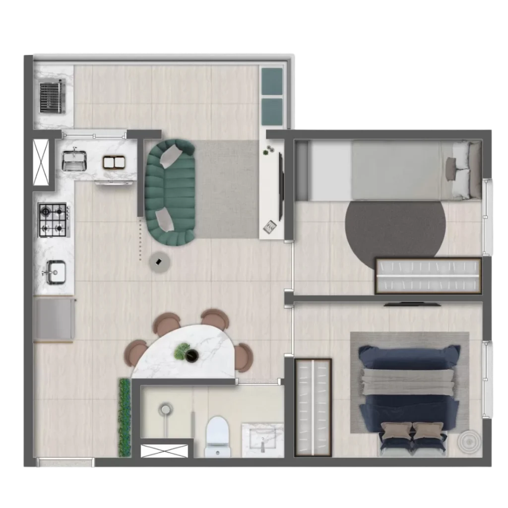 Planta 2 dormitórios Connection Mooca 42m² em frente ao metrô Bresser-Mooca